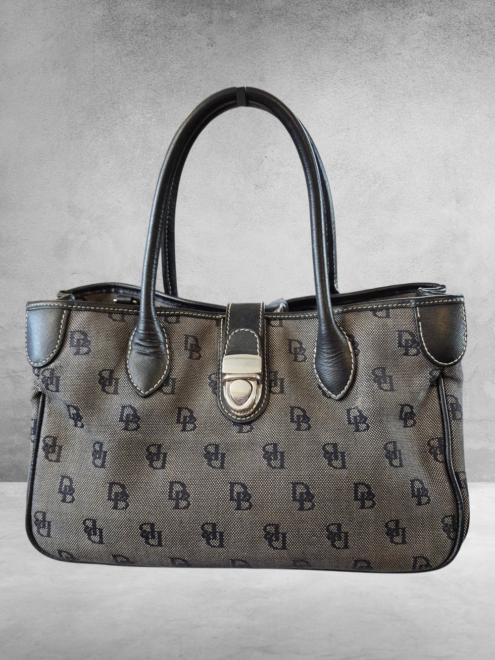 Vintage Dooney & Bourke Grey & Black Signature Dual Handle Buckle Front Satchel
